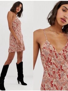 Free People All My Love Pink Multi Floral Print Wrap Slip Dress Sz-M